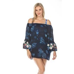 Nwot JOHNNY WAS Dress Tunic 3X Navy Floral Embroidery Crochet Flare-Long-Sleeve